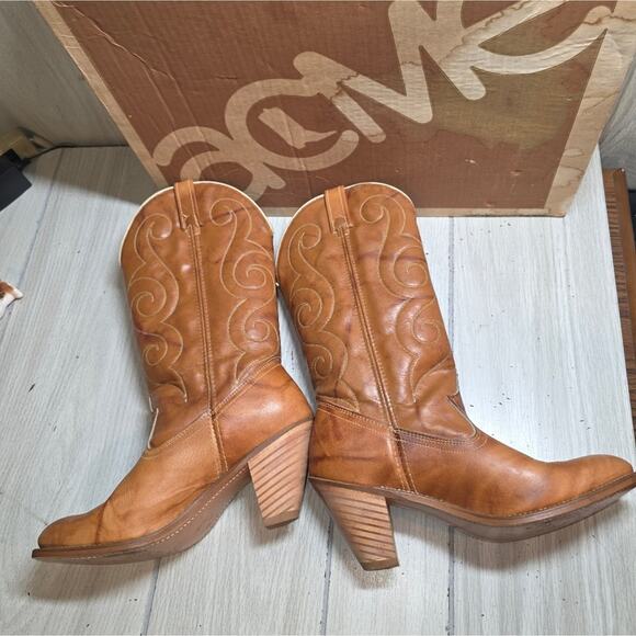 Vtg Acme Rust Driftwood Womens Brown Leather Heeled Cowboy Boots 7.5 USA Made - Picture 11 of 11